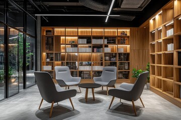 Modern office interior featuring a sleek table and stylish chairs. surrounded by large windows showcasing a lush garden view. creating a serene workspace atmosphere