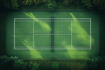 Aerial view of an empty tennis court surrounded by lush green trees with sunlight casting soft shadows on the court surface