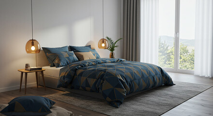 Geometric bedding in a cozy bedroom scene
