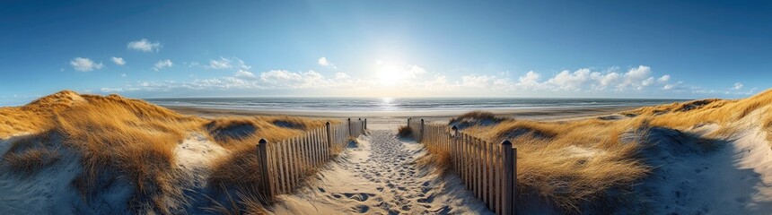 Obraz premium Serene beach pathway leading to a vibrant sunset over the ocean. with gentle waves lapping at the shore and soft sand dunes framing the scene
