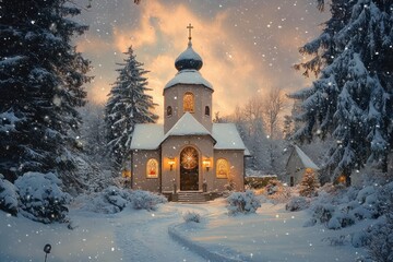Snow-covered small church with glowing stained glass windows and warm lights surrounded by tall pine trees and falling snow at sunset
