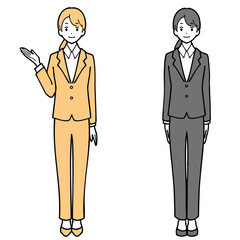 スーツを着て立っている若い女性の全身イラストセット