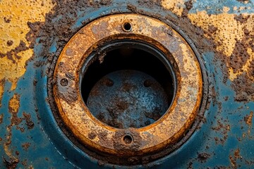close-up of a heavily rusted circular metal opening on a blue and yellow surface showing extensive corrosion and texture