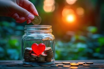 Hand placing coin into glass jar filled with coins and a red heart inside, symbolizing saving money with love and care on wooden surface with blurred natural background and warm sunlight