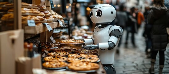 Robot at a bakery counter with many pies and pastries.