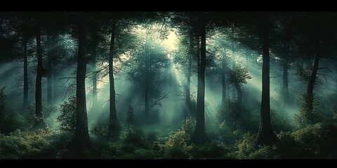 Misty forest with tall trees illuminated by soft sunlight rays creating a serene and mystical atmosphere