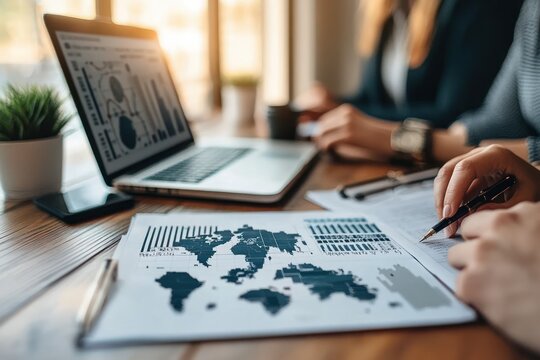 Two people analyzing business data with printed world map charts and graphs alongside a laptop displaying statistical information in a well-lit office