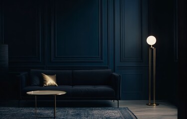 Modern Dark Blue Living Room Interior With Gold Accent Lamp