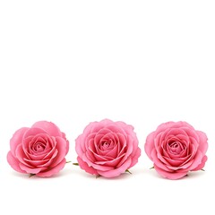 Three pink roses in a row, floral arrangement isolated on white background