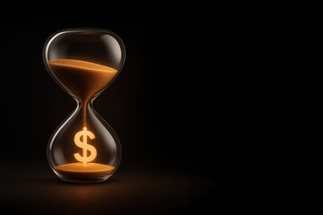 3D image of hourglass with flowing golden sand forming dollar sign. Time is money, finance, business, savings, wealth concept. Isolated on black background with copy space