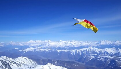 South Ossetian Flag Bellows in the Wind Above Snowy Mountain Peaks