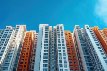 Obraz premium Tall modern residential buildings with a mix of white and orange facades under a clear blue sky