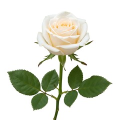 Elegant single cream rose with green leaves isolated on white background