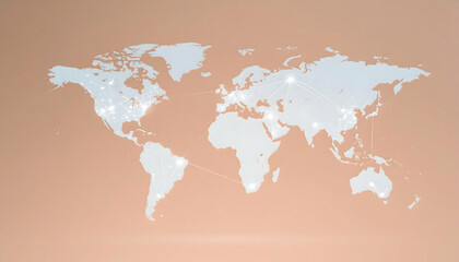 Beige World Map Displaying Network Connections and Global Connectivity with Digital Dots Against a Smooth Background
