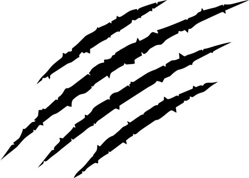 A stark black vector illustration depicts four diagonal claw marks or scratches on a transparent background.