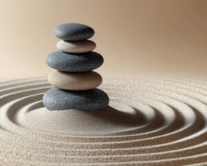 Stack of smooth gray and beige stones balanced on fine sand with concentric circular patterns creating a serene and balanced atmosphere