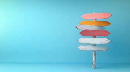 Colorful rustic wooden directional signs with multiple arrows pointing in different directions against a bright blue background, evoking a sense of choice and exploration
