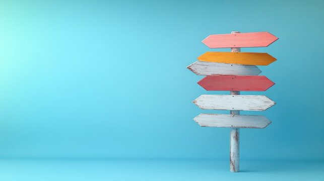 Colorful rustic wooden directional signs with multiple arrows pointing in different directions against a bright blue background, evoking a sense of choice and exploration