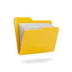 Yellow folder with documents inside, business file isolated on white background