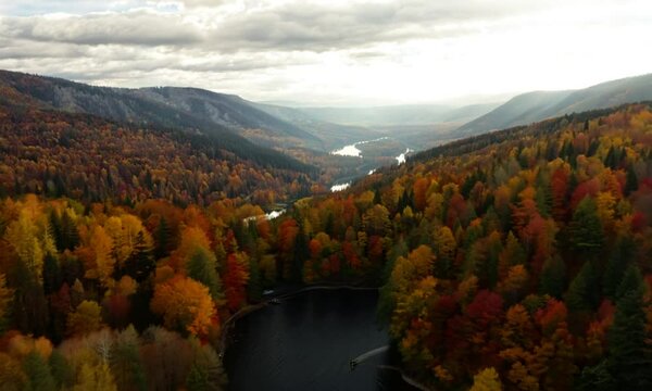 Autumn Tapestry Aerial Views of Russia Nature Drone Footage Over Volga River, Forest, and Mountains. Russia, Samara region