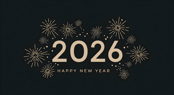Happy New Year 2026 Elegant Fireworks Celebration Gold Design Festive Holiday Greeting Card