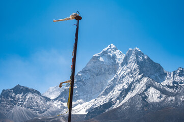 Mt.Ama Dablam (6,812 m) seen from Dingboche village in Nepal. Ama Dablam is one of the most...