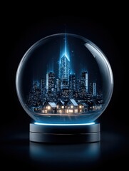 A futuristic cityscape with glowing skyscrapers and houses is encapsulated inside a clear glass sphere on a metallic base, set against a dark background.