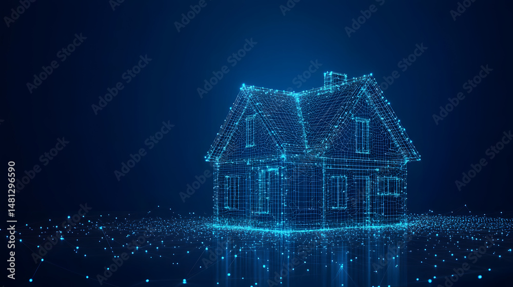 Poster futuristic glowing blue wireframe house on a digital landscape. ideal for illustrating smart homes, 