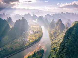 Panoramic sunrise over the Karst mountain of Xianggong Mountain, Guilin, Guangxi, China