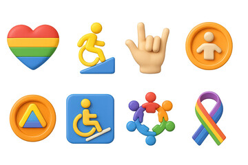 Inclusion and diversity 3d icons set – vibrant, representation, accessibility symbols