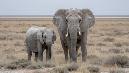 Obraz premium Two elephants stand side by side in a dry, grassy savannah under a cloudy sky.