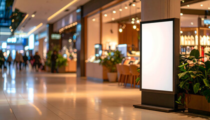 Blank Vertical Billboard Mockup Inside Modern Shopping Mall with Blurred Background and Bright Lights Advertisement Display