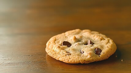 Close-up of a Single Chocolate Chip Cookie on Wooden Table