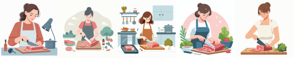 vector character woman cutting meat