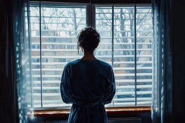 A person with curly hair standing alone indoors facing a large window with closed blinds and sheer curtains, looking outside at leafless trees in winter daylight