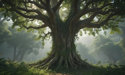 Fototapeta premium Massive tree engulfed by climbing vines, dense jungle foliage, plantlife, tropical, wild