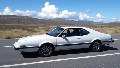 Fototapeta premium Classic white coupe automobile driving through picturesque mountainous landscape