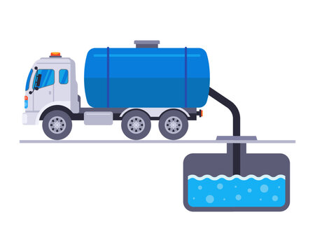 Filling a well with water. Truck with a tank and a pump hose. Machine for draining liquid. Industrial vehicle. Plumbers work. Flat illustration