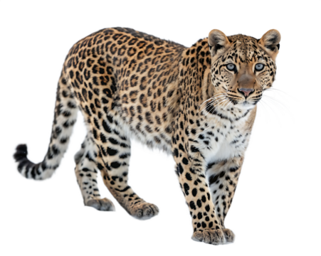 Majestic leopard walking forward facing the camera displaying stunning spot patterns isolated on white background