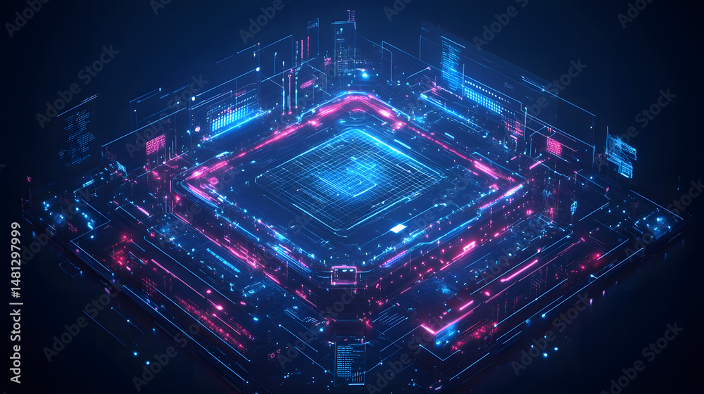 Aufkleber Futuristic computer network with glowing blue core and intricate circuits. Translucent screens display code, creating a high-tech abstract visual. Abstract wireframe in dark blue