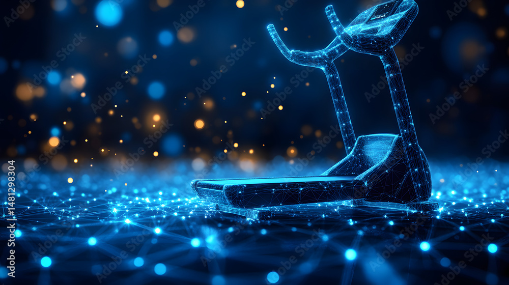 Poster futuristic treadmill concept showcasing fitness technology. glowing blue wireframe design against a 