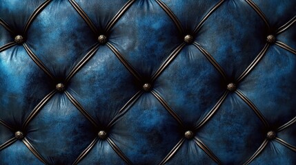 Fototapeta premium Close-up of luxurious dark blue tufted leather upholstery with button details creating a diamond pattern