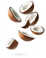 Multiple Coconut Slices Falling On A White Background
