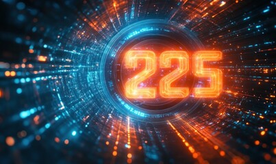 Glowing digital number 225 surrounded by vibrant blue and orange futuristic data streams in a tunnel-like structure
