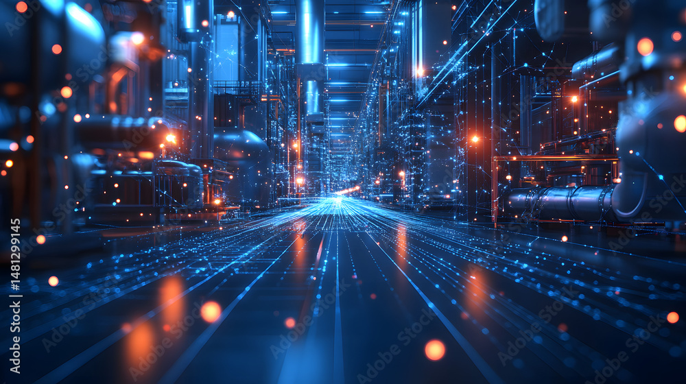 Poster futuristic industrial scene with glossy blue pipes and glowing particles. abstract wireframe design 