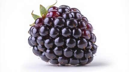Close-up of a ripe blackberry with glossy deep purple drupelets and small green leaves on a white background