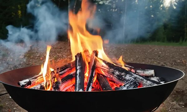 Fire with coals and fire on nature picnic background. Burns out a bonfire for food. Smouldering coals. Ashes in the barbecue.
