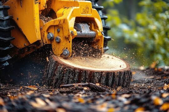 yellow heavy machinery cutting a tree trunk close to ground with wood chips flying in a forest environment