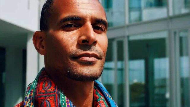 Portrait of a confident dark-skinned man wearing a colorful patterned scarf in an urban setting with modern glass building backdrop.