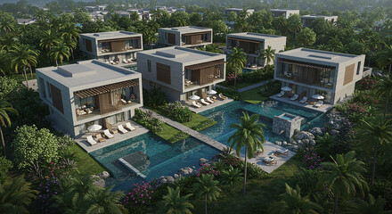 Luxurious modern villas nestled amidst lush tropical greenery